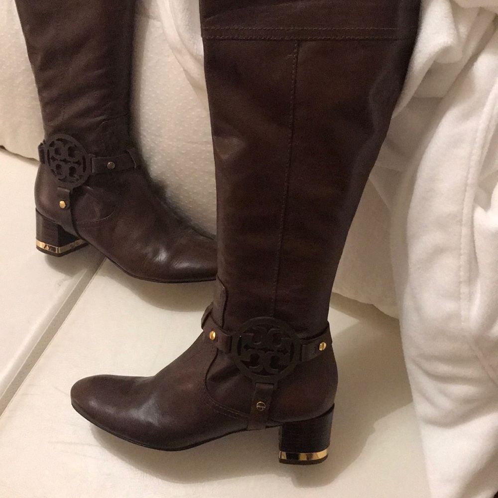 Tory Burch dark brown knee high logo boots